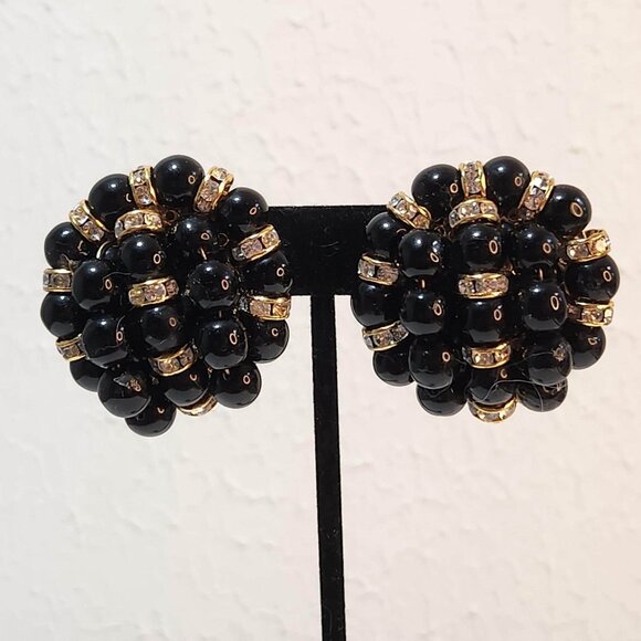 Vintage 1980s, Clip Earrings, Black Beads with Gold Toned and Crystal Accents. - Picture 1 of 4